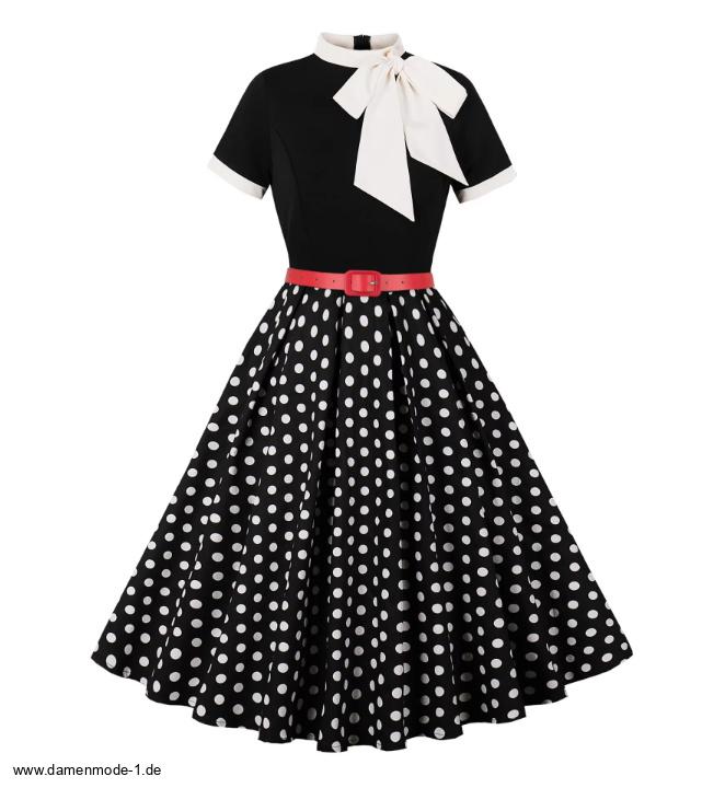 A Linie Kurzarm 50er Rockabilly Vintage Kleid in Schwarz Gepunktet mit&nbsp;Schleife