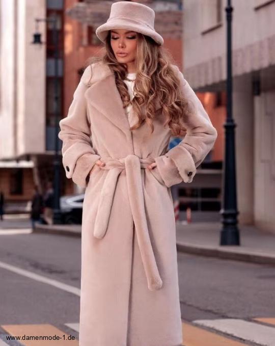 Langer Wintermantel Flauschig zum Binden in Beige&nbsp;Creme