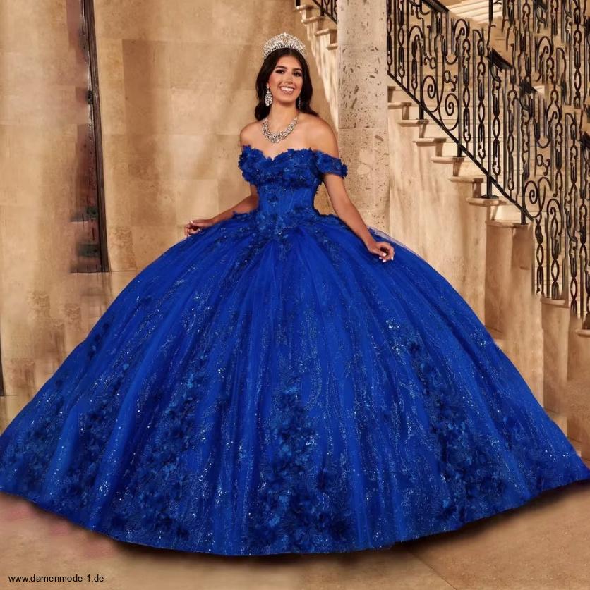 Schulterfreies Prinzessin Ballkleid in Navyblau mit Pailletten und 3D&nbsp;Blumen