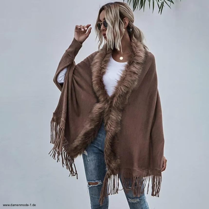 Damen Strickjacke Cardigan Caja mit Plüsch Kragen in&nbsp;Braun