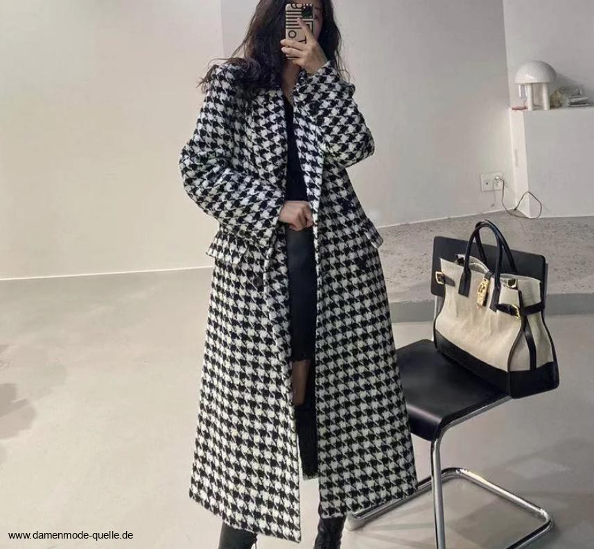 A Linie Damen Wollmantel Elegant mit Hahnentrittmuster