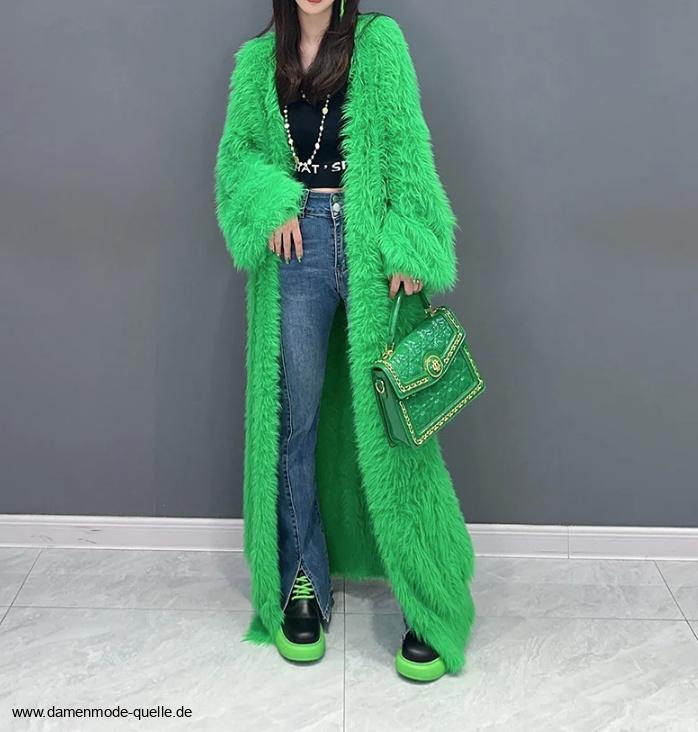 Lange Damen Plüsch Strickjacke in&nbsp;Grün