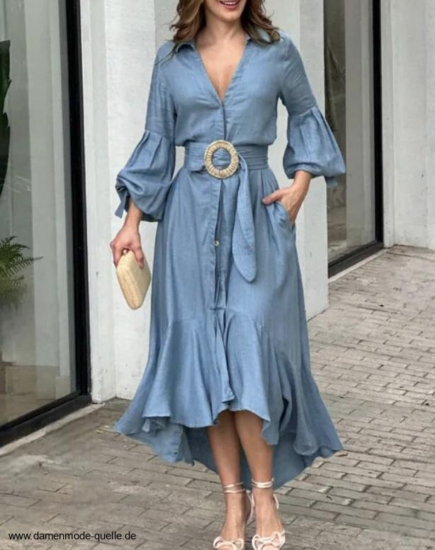 Lässiges A Linie Maxi Sommerkleid mit Ärmel Vorne Kurz Hinten Lang Hellblau