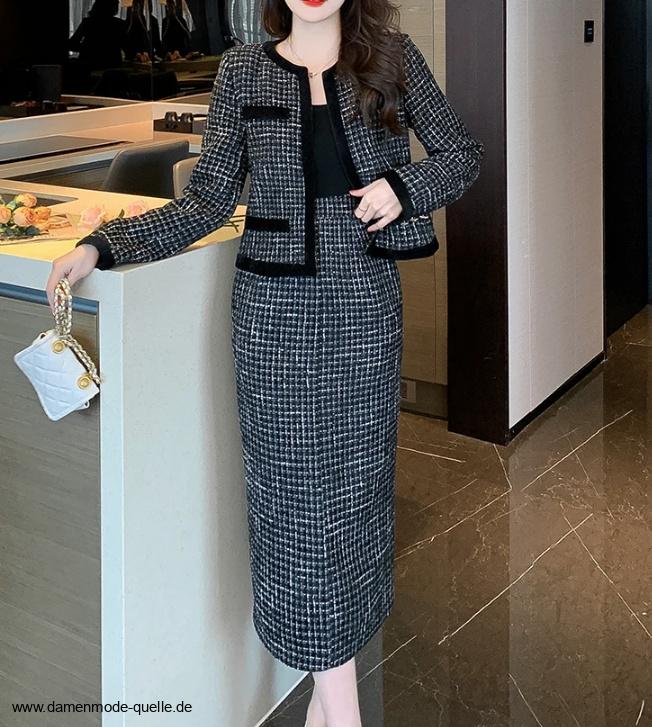 Tweed Damen Kostüm Wadenlang Elegant in&nbsp;Schwarz