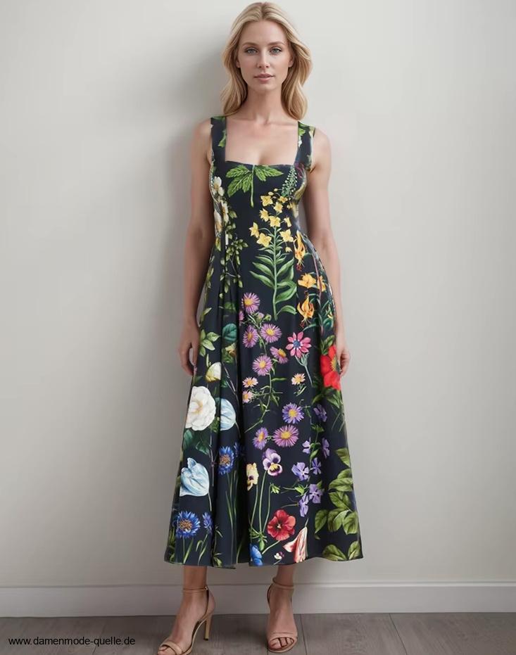 Elegantes A Linie Sommerkleid Wadenlang Ärmellos mit&nbsp;Blumenmuster
