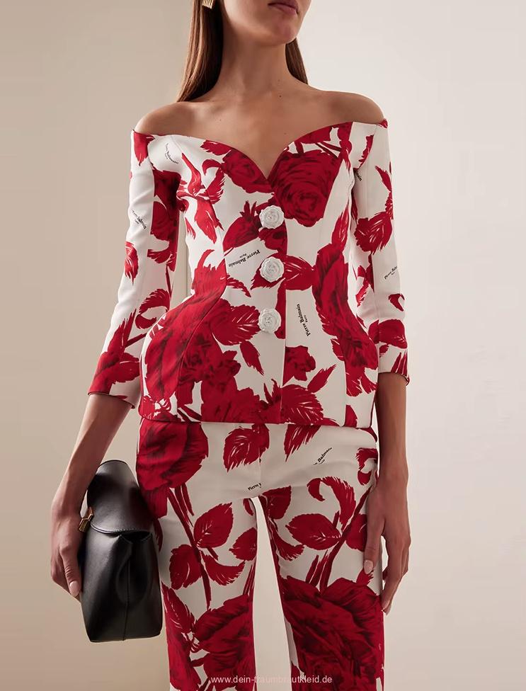 Eleganter Damen Zweiteiler für Gäste Schulterfrei in Weiß mit&nbsp;Blumen