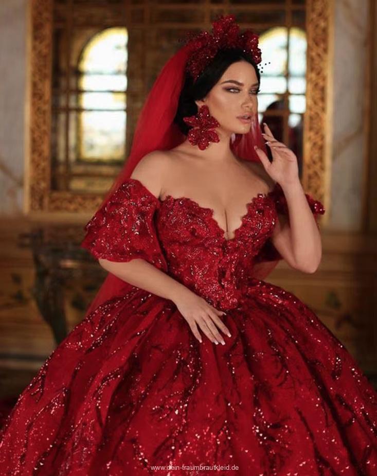 Ball Linie Brautkleid Fatima Schulterfrei in Dunkelrot mit Schleppe Perlen und&nbsp;Pailletten