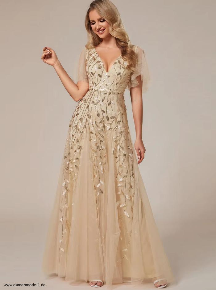 Elegantes A Linie Glitzer Kleid in Gold mit Flare Ärmel&nbsp;Bodenlang