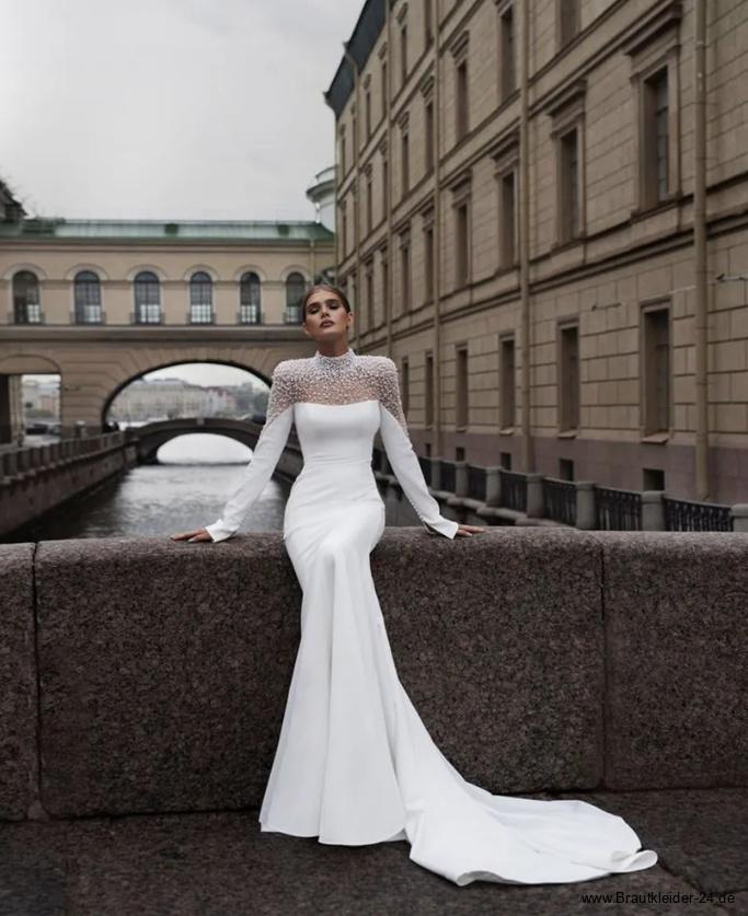 Langarm Meerjungfrau Brautkleid Lewe mit Perlen Applikationen und&nbsp;Schleppe