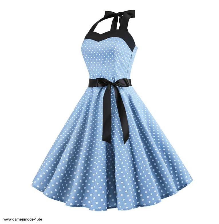 Neckholder Träger 50er Rockabilly Kleid Knielang Hellblau&nbsp;Gepunktet