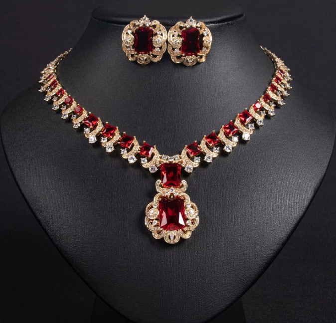 Zikron Brautschmuck Set Ilse Halskette mit Ohrringe Gold&nbsp;Rot