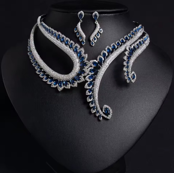 Zikron Brautschmuck Set Inga Halskette mit Ohrringe Silber&nbsp;Blau