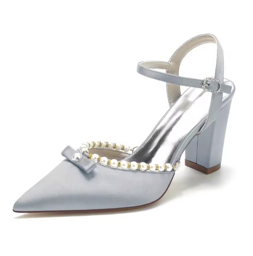 Blockabsatz Satin Perlen Brautschuhe Elna&nbsp;Silber