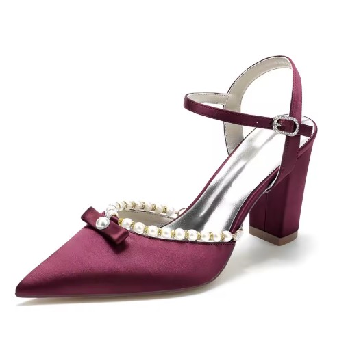 Blockabsatz Satin Perlen Brautschuhe Elna&nbsp;Weinrot
