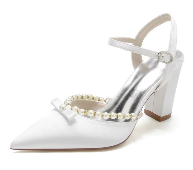 Blockabsatz Satin Perlen Brautschuhe Elna&nbsp;Weiß
