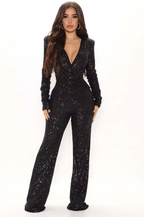 Glitzer Bodycon Jumpsuit Einteiler Esmeralda in&nbsp;Schwarz