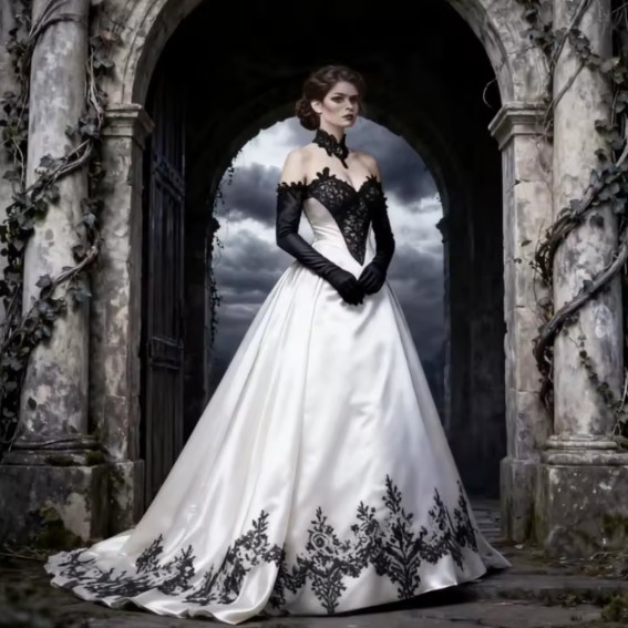 Gothic Stil A Linie Brautkleid Irem Schulterfrei mit Schwarze&nbsp;Spitze