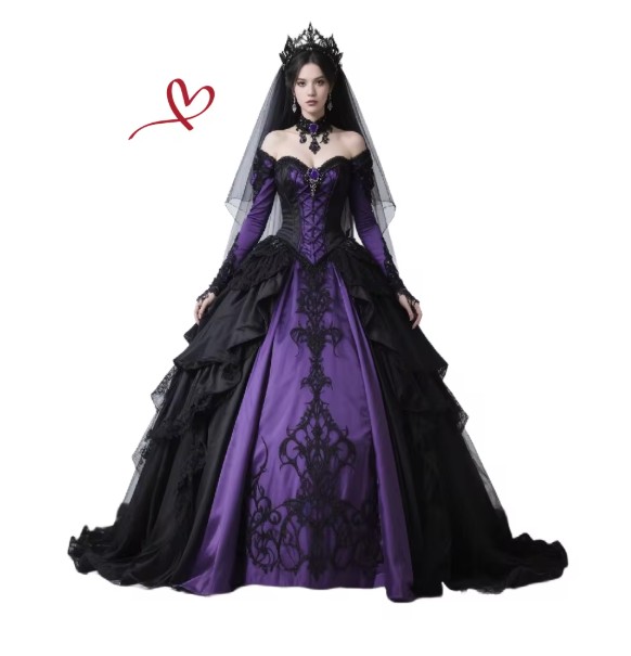 Gothic Stil Brautkleid Ermelina Schulterfrei mit Stickereien in Schwarz&nbsp;Lila