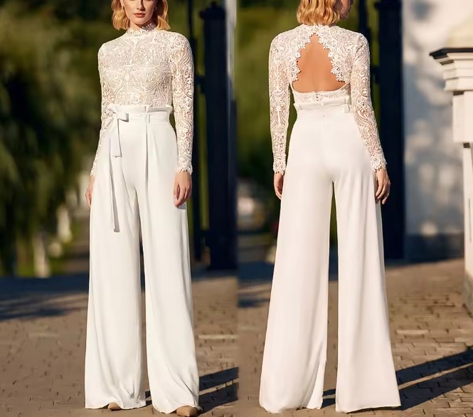 Langarm Braut Overall Einteiler Jade mit Rückenausschnitt