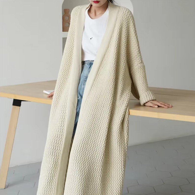 Lange Damen Woll Cardigan Strickjacke Emanuela Lang in&nbsp;Creme
