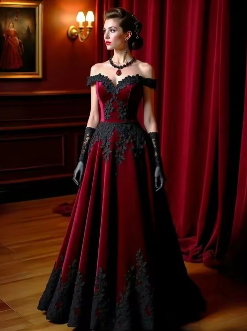 Schulterfreies A-Linie Brautkleid Imelda in Schwarz Rot mit&nbsp;Spitze