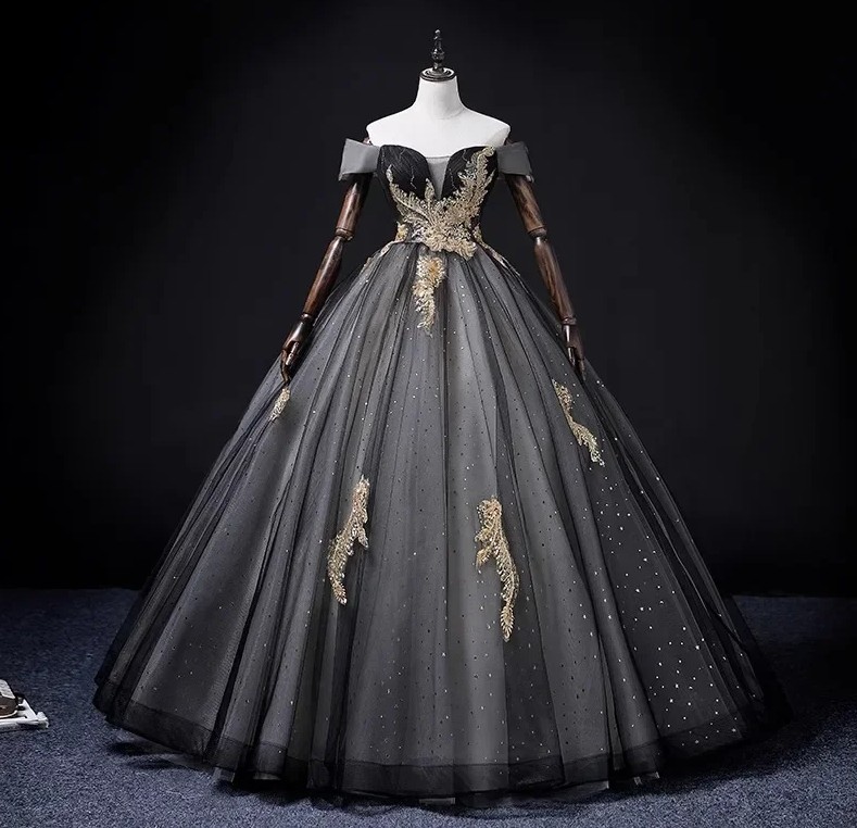 Schulterfreies A-Linie Prinzessin Brautkleid Jella Schwarz mit&nbsp;Spitze