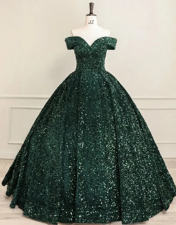 Schulterfreies Glitzer Ballkleid Eluana in&nbsp;Dunkelgrün