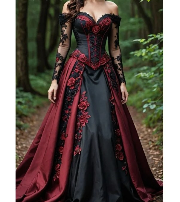 Schulterfreies Langarm Gothic Stil Brautkleid Isamara in Dunkelrot Schwarz mit&nbsp;Blumen