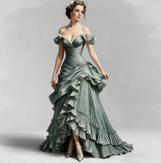 Schulterfreies Viktorianisches Brautkleid Elayne mit Raffungen in&nbsp;Grün