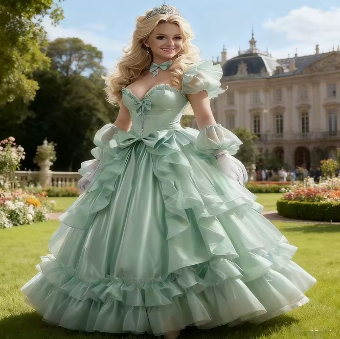 Schulterfreies Viktorianisches Brautkleid Elin in Hellgrün mit&nbsp;Raffungen