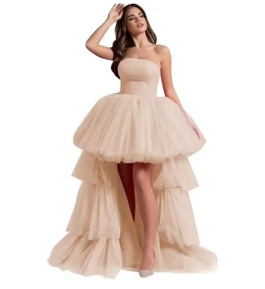 Schulterfreies Vokuhila Tüll Brautkleid Josina in Champagne Vorne Kurz Hinten&nbsp;Lang