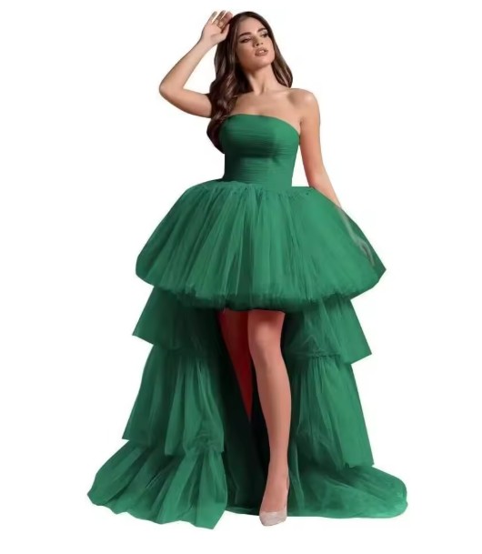 Schulterfreies Vokuhila Tüll Brautkleid Josina in Dunkel Grün Vorne Kurz Hinten&nbsp;Lang