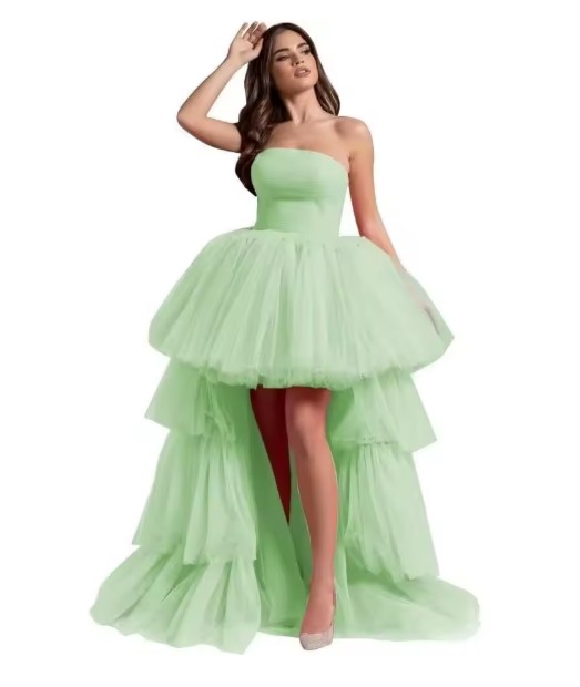 Schulterfreies Vokuhila Tüll Brautkleid Josina in Hell Grün Vorne Kurz Hinten&nbsp;Lang