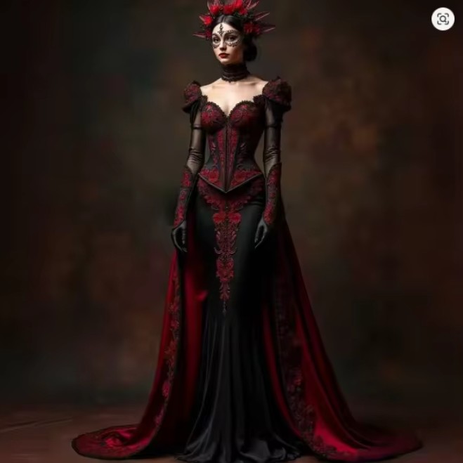 Schwarzes Gothic Stil Braukleid Elea mit Korsettschnürung und Spitzen&nbsp;Applikationen