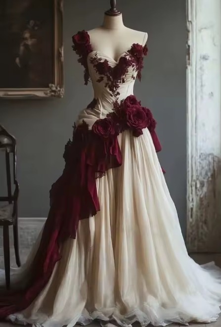 Vintage Stil Brautkleid Juliena Ivory Weinrot mit 3D&nbsp;Blumen