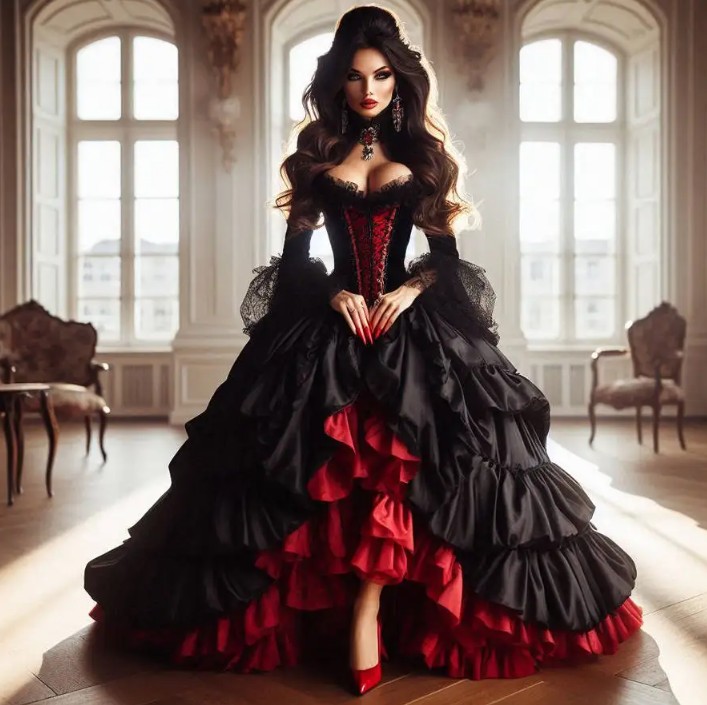 Vokuhila Gothic Stil Brautkleid Isis in Schwarz Rot mit Corsage Spitze und&nbsp;Rüschen