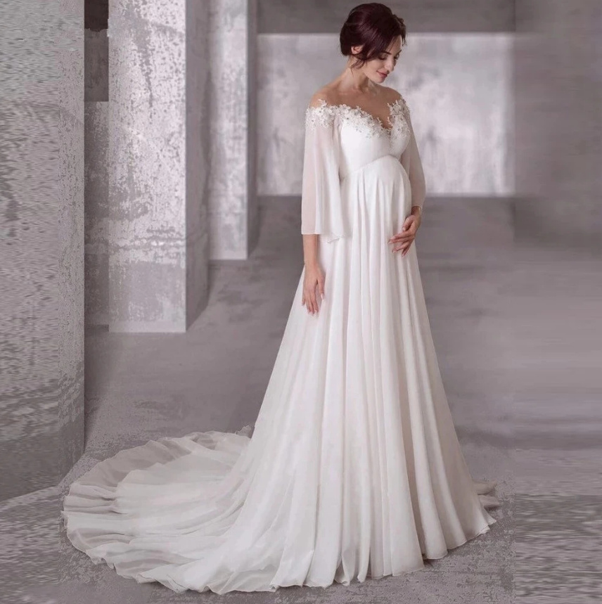 Schulterfreies Brautkleid Anastasia auch für Schwangere mit Flare Ärmel und&nbsp;Schleppe