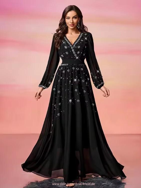 A Linie Langarm Kleid Maggie Elegant für Hochzeitsgäste in Schwarz mit&nbsp;Strass