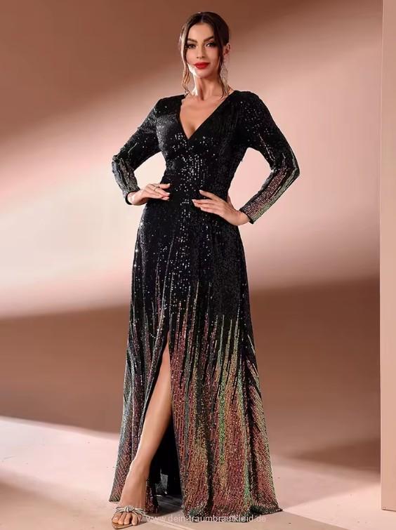 Pailletten Langarm Glitzer Kleid Elegant für Hochzeitsgäste Schwarz –&nbsp;Multicolor