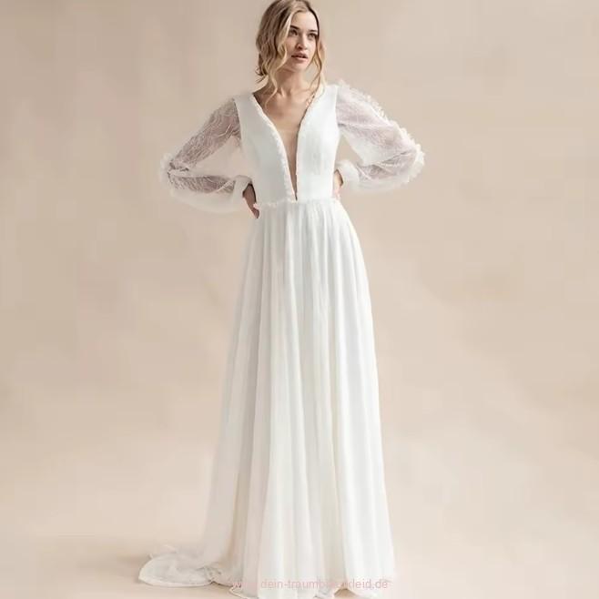 Langarm Empire Boho Brautkleid Honorata mit Tüll Ärmeln und Rücken Ausschnitt