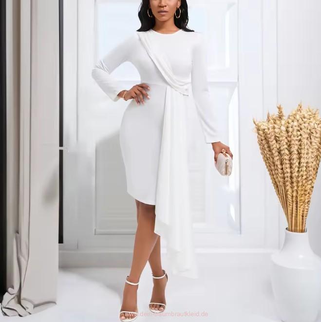 Langarm Midi Standesamtkleid Hailey mit Raffungen und Schärpe in&nbsp;Weiß