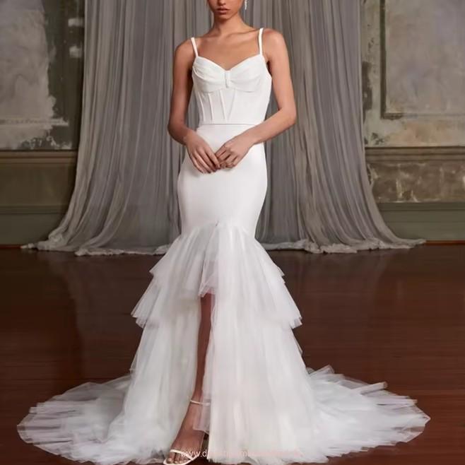 Spaghettiträger Meerjungfrau Brautkleid Heather mit Tüll und Schleppe Vorne Kurz Hinten&nbsp;Lang