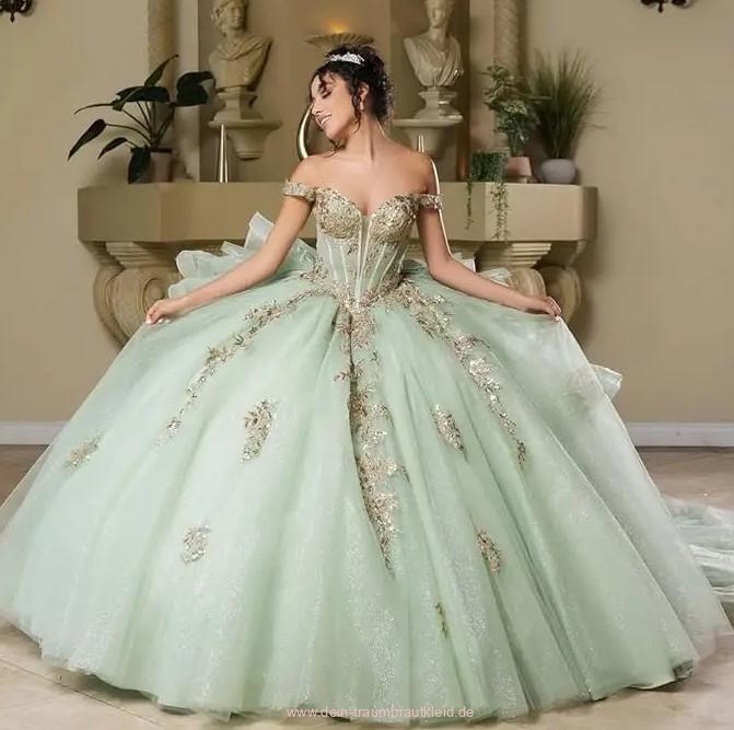 Ball Linie Brautkleid Julie Schulterfrei in Hell Grün mit Goldene&nbsp;Spitze