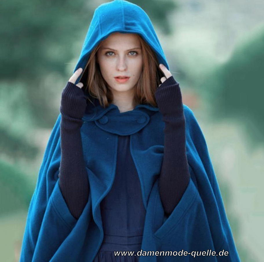 Vintage Style Wintermantel Cape mit Kapuze in&nbsp;Blau