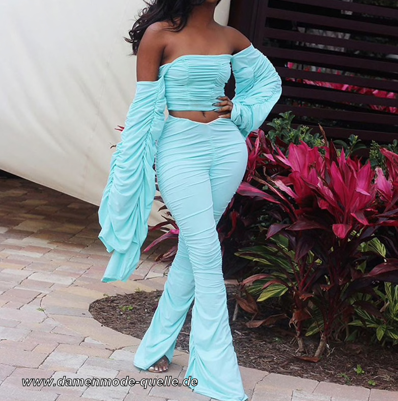 Plissee Zweiteiler Bodycon Damen Outfit in&nbsp;Hellblau