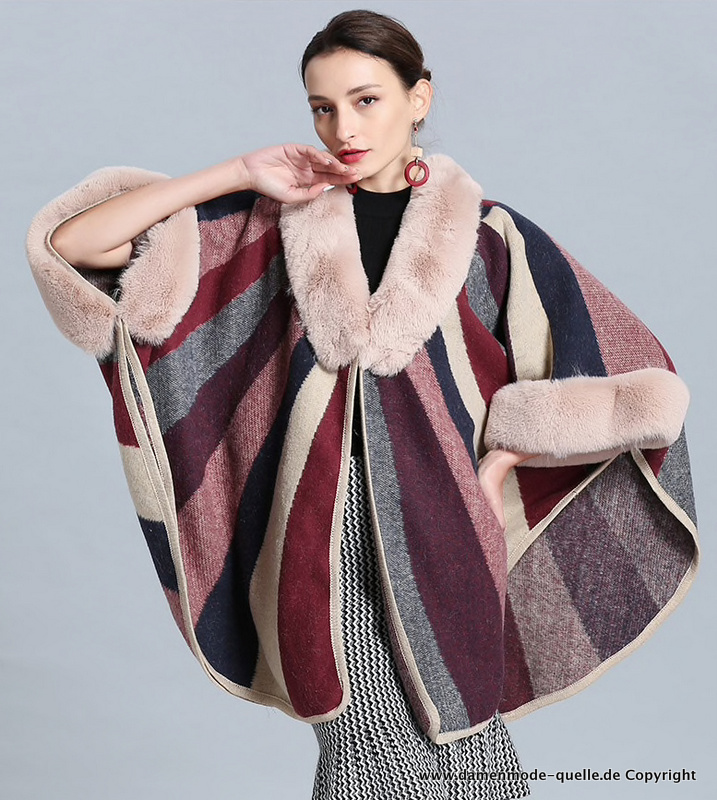Damen Cape Poncho Gestreift mit Kunstpelz&nbsp;Kragen