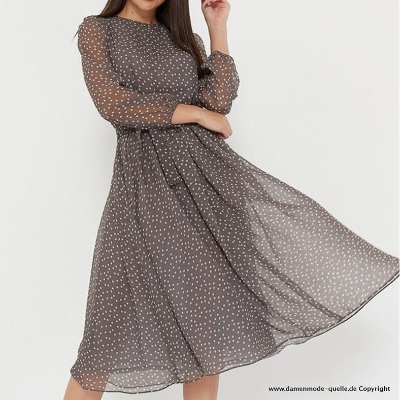 Langarm Chiffon Sommerkleid in Beige mit&nbsp;Pünktchen
