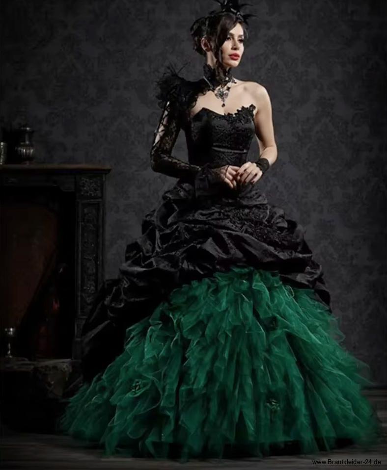 Schulterfreies Gothic Style Brautkleid mit Tüll und Raffungen in Schwarz&nbsp;Grün