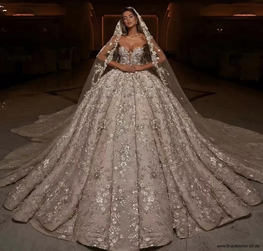 Prinzessin Ball Linie Brautkleid Devi mit Pailletten Blumen Stickereien und Kapellen&nbsp;Schleppe