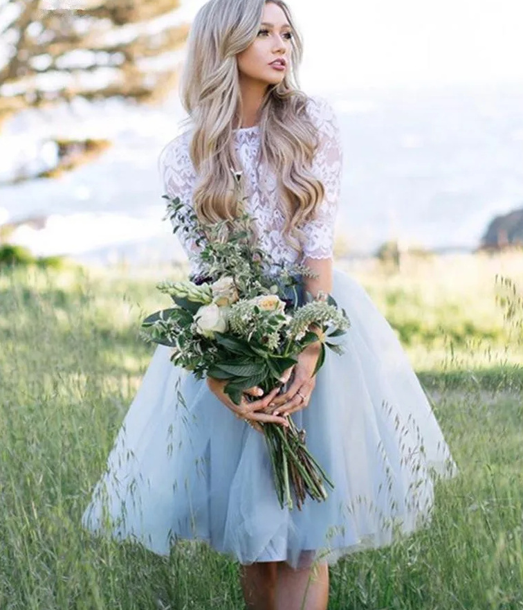 Zweiteiliges Tüll Brautkleid Knielang mit Bluse aus&nbsp;Spitze